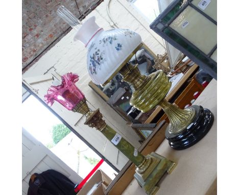 An onyx and brass Corinthian column candlestick, and glass and brass Duplex oil lamp, largest height 58cm (2) 