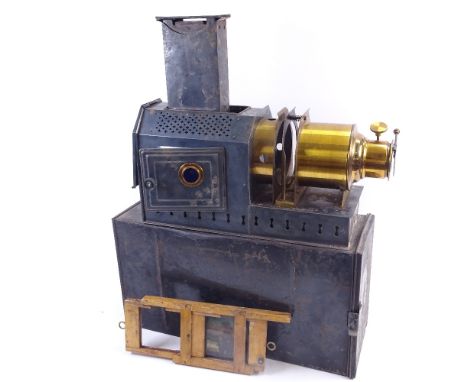 A Victorian W Butcher &amp; Sons magic lantern, with tin carrying case and slide holder, length 42cm 