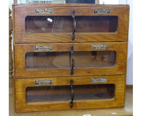 A Vintage oak-framed table-top shop display cabinet, with 3 glass-fronted drawers, for Peter Pan Bodices, W60cm, H57cm 