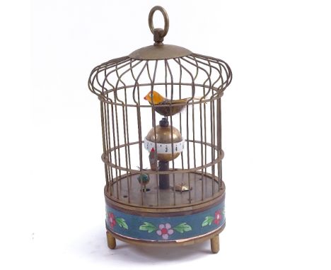 A modern clockwork bird-cage automaton clock, cloisonne enamelled copper waste, overall height 20cm 