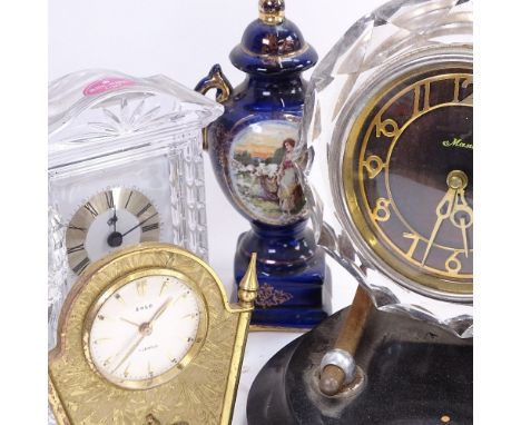 Various clocks and garnitures, including Royal Albert Crystal, and Vintage Russian model 