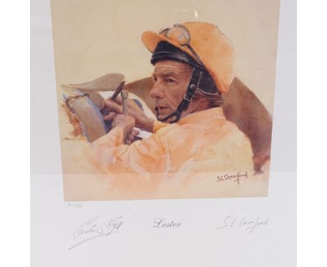 Susan L Crawford, limited edition coloured print, Lester Piggott, signed by jockey and artist, edition no. 18/1500, framed, f