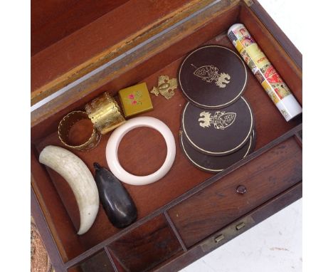 A Victorian mahogany writing slope, brass powder flask, Dutch copper and brass box etc 