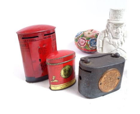 Various Vintage money boxes, including white painted cast-iron figural example, Chad Valley Post Office letter box example et