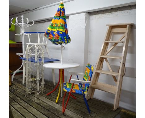 A child's painted garden table and folding chair, a miniature painted hat and coat stand, a folding pine step ladder, 3-fold 