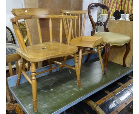 A Vintage Ercol stick-back kitchen chair, a pair of Victorian walnut balloon-back chairs, a smoker's bow etc 