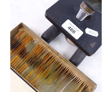 A C E Mackett &amp; Co cast-iron microscope, and a set of microscope slides from a Prisoner of War Camp in Shanghai China (2)