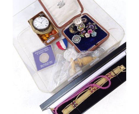 A silver ARP badge, a .925 silver engine turned top-wind pocket watch, commemorative crowns, a micro-mosaic brooch etc 