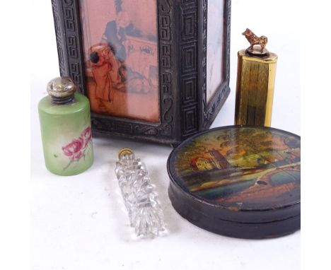 Various collectables, including Oriental lead tea caddy, silver-topped porcelain scent bottle, papier mache box etc (5) 