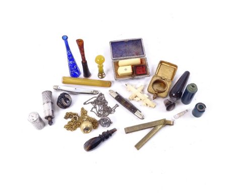 Various interesting collectables, including lady's sterling silver-cased cigarette lighter, horn conical flask scent bottle, 