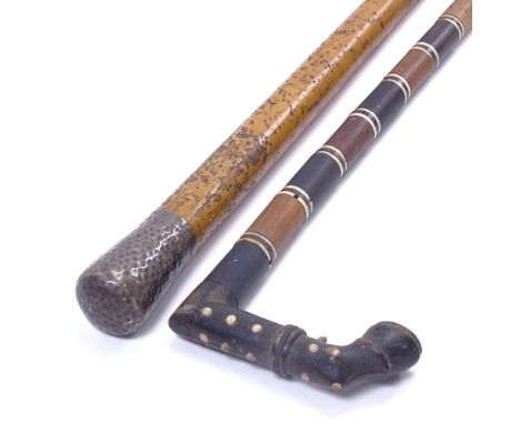 A 19th century sectional carved wood walking stick, with horse hoof handle, and a Malacca cane with silver top, largest lengt