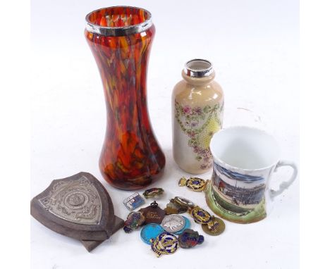 Various collectables, including 2 silver-rimmed jars, cloisonne enamel chamber stick, various Hastings commemorative ceramics