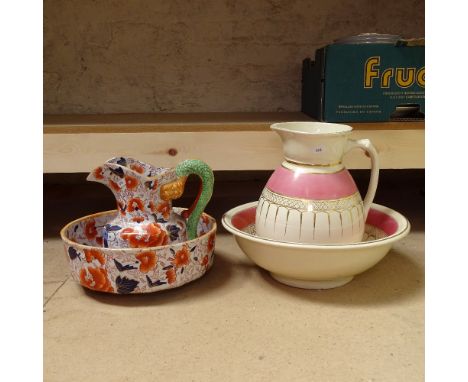 A pink and cream wash jug and basin, and a reproduction Imari style wash jug and bowl 