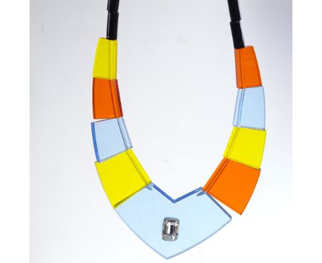 A Vintage multi-colour transparent perspex panel costume necklace, inset paste stone in central panel, necklace length 44cm 