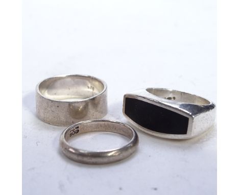 HANS HANSEN - a sterling silver and polished black stone ring, model no. 195, together with 2 other silver rings 