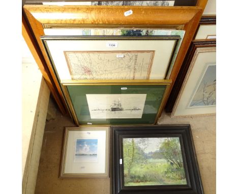 Various pictures, including Cordero charcoal sketch, countryside oil etc (7) 