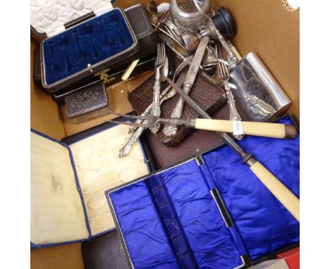 Various cased cutlery, hip flask etc 