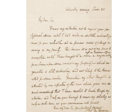 * Quincey (Thomas De, 1785-1859), English essayist. Autograph Letter Signed, ‘Thos. De Quincey’, [?Edinburgh], Wednesday even