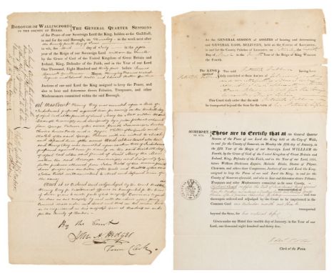 * Convict Transportation. A group of 3 orders of transportation, Lancaster, 8 April 1834, Wallingford, 3 July 1834 &amp; Well