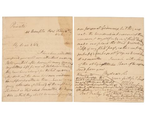 * Wilberforce (William, 1759-1833), British politician, philanthropist and abolitionist. Autograph Letter Signed, ‘W. Wilberf