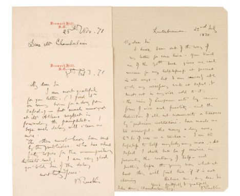 * Ruskin (John, 1819-1900), English writer, art critic and artist. Three Autograph Letters Signed, ‘J. Ruskin’, Lauterbrunnen