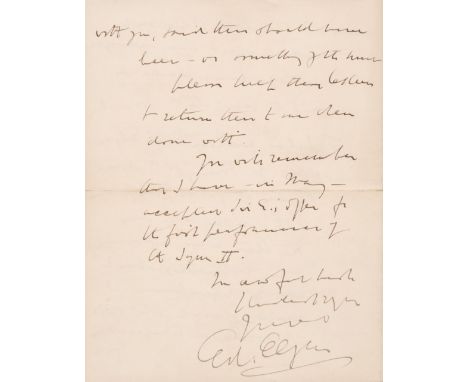 * Elgar (Edward, 1857-1934), English composer. Autograph Letter Signed, ‘Ed. Elgar’, Plas Gwyn, Hereford, 25 July 1910, to hi