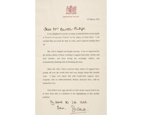 * Diana (1961-1997), Princess of Wales, 1981-1996. Typed Letter Signed, ‘Diana’, Kensington Palace, 7 March 1997, to Mrs [Eli