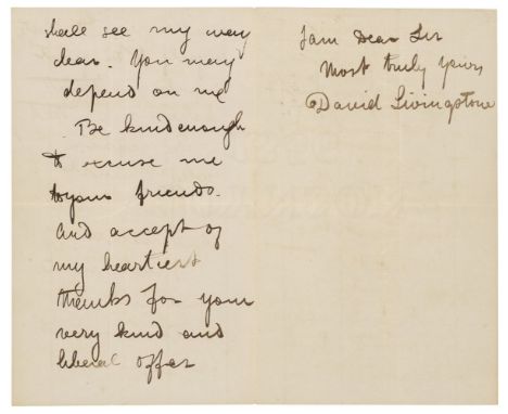 * Livingstone (David, 1813-1873), Scottish physician, Christian missionary and explorer in Africa. Autograph Letter Signed, ‘
