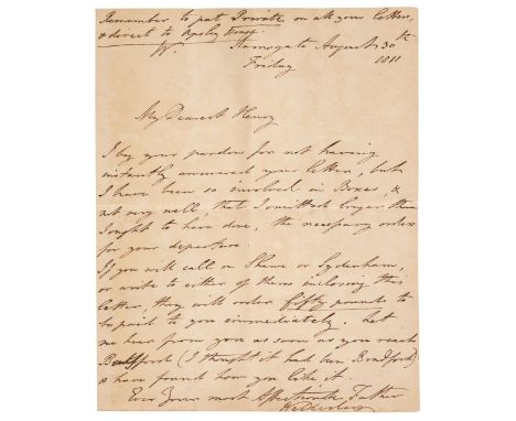 * Wellesley (Arthur, 1769-1852), 1st Duke of Wellington, Prime Minister, 1828-1834. Autograph Letter Signed, ‘Wellesley’, Ram