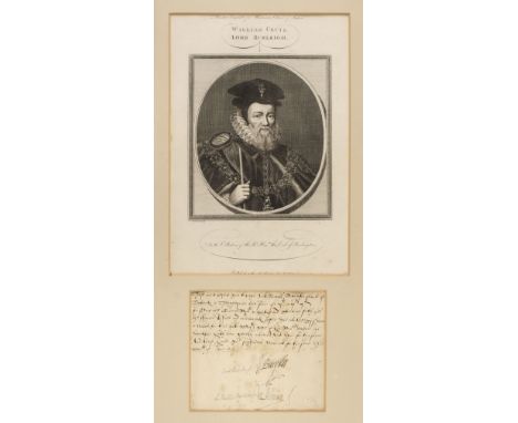 * Cecil (William, 1520-1598), Lord Burleigh, English statesman and chief adviser to Queen Elizabeth I. Document Signed, 'W. B