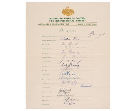 * Cricket. An Australian XI Coronation Tour autograph team sheet, [1953], on Australian Board of Control headed paper, with p