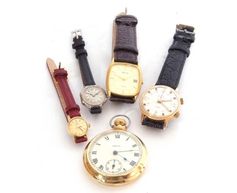 Mixed Lot: gents gold plated cased Smiths pocket watch with button wind, two wrist watches by Accurist and Rolys (alarm movem