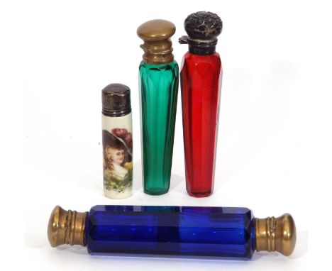 Mixed Lot: antique blue faceted glass double ended scent bottle with gilt metal fittings, 13cm long, a faceted ruby glass sce