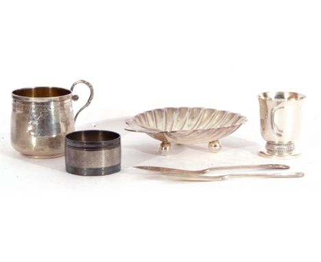 Mixed Lot: Victorian silver shell dish of typical form with engraved monogram, standing on three ball feet, London 1893, a Fr