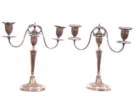 Pair of Old Sheffield Plate George IV Adam style three-light candelabra, 36cm tall (a/f)