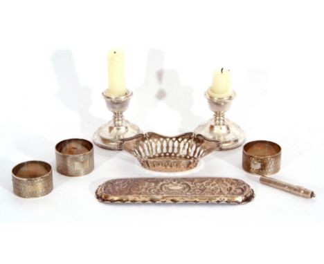 Mixed Lot: Victorian silver pen tray of rectangular form, embossed scroll and floral decoration, London 1893, an Edward VII s