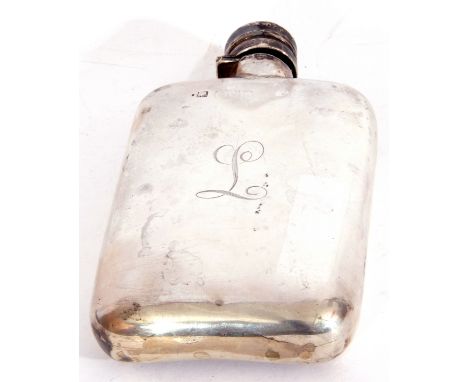 Early 20th century silver hip flask, circa 1920, of rectangular curved form with rounded corners, with plain domed hinge bayo