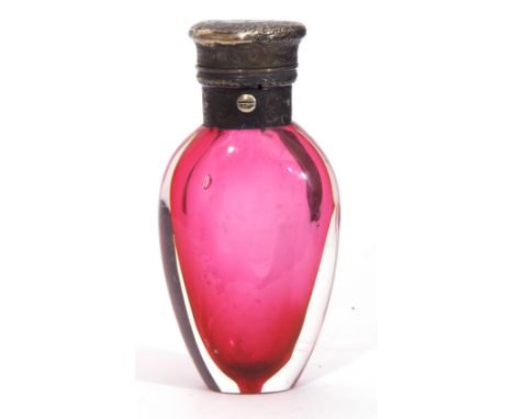 Victorian silver and gilt mounted cranberry glass scent bottle, circa 1880, (no stopper), the hinged lid engraved with a mono