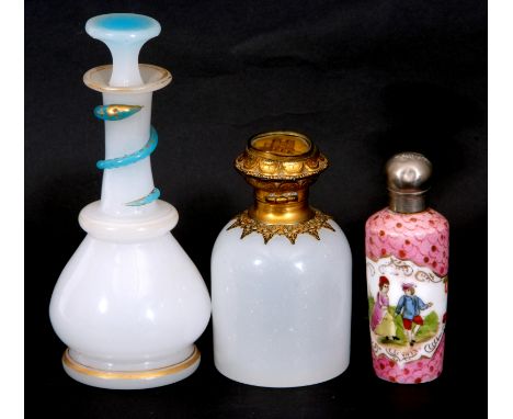 Mixed Lot: 19th century milk glass scent bottle with gilt metal hinged lid with inset to cap, a coloured French print of a Go