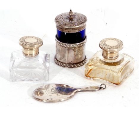 Mixed Lot: Edward VII silver and blue glass pepper, Chester 1912, a small silver backed mirror, Chester 1904, two glass inkwe