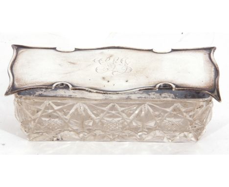 Edward VII silver lidded and glass trinket box of rectangular form, the cut glass base with shaped detachable lid with engrav