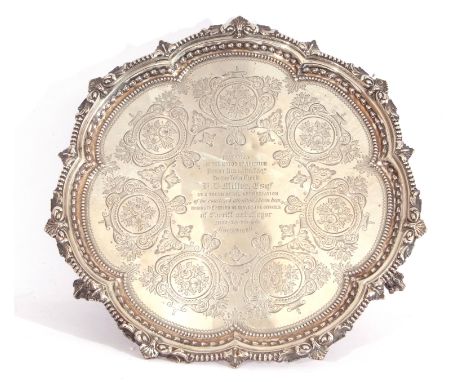 Victorian silver salver of shaped circular form with shell and bead border, central presentation engraving "By The Mayor of N