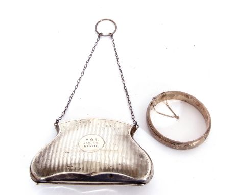 Mixed Lot: George V silver ladies purse of shaped body with lined engine turned decoration, presentation engraving to front w