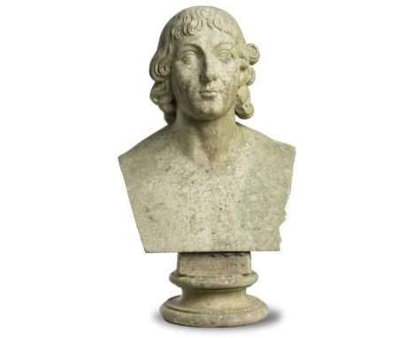 A carved white marble portrait bust of Nicolas Copernicus18th century inscribed Nicolo Copernico, Filosofo 68cm high by 43cm 