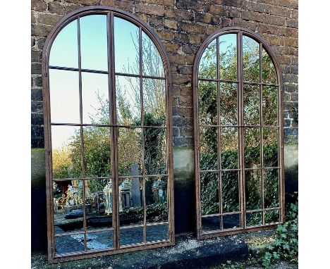 ARCHITECTURAL GARDEN MIRRORS, a pair, 170cm x 90cm, gated design. (2) 