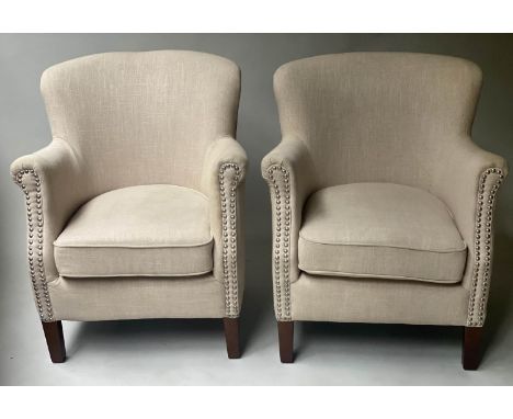 ARMCHAIRS, a pair, silver studded and linen upholstery with scroll arms, 76cm W. (2) 