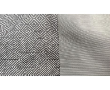 CURTAINS, a pair, lined and interlined, 360cm gathered x 360cm drop, grey silver fabric. (2) 