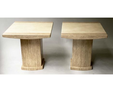 TRAVERTINE LAMP TABLES, A pair two tone travertine rectangular on plinths, 55cm x 55cm x 55cm (2) 