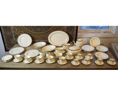 MINTON DINNER SERVICE, 'St James' pattern, six place settings including dinner plates, six plates, soup bowls, serving plates