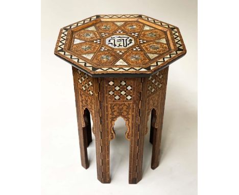 OCCASIONAL TABLE, octagonal Moorish hardwood with ebony and mother of pearl inlay. 44cm W x 53cn H 